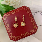 Gold Sun Charm Huggie Hoop Earrings, Sun Opal Earrings, Gold plated sun opal stone earrings